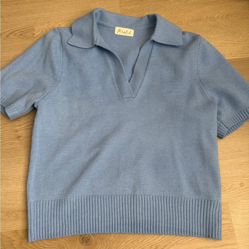 Marbled Sky Blue Knit Polo Sweater